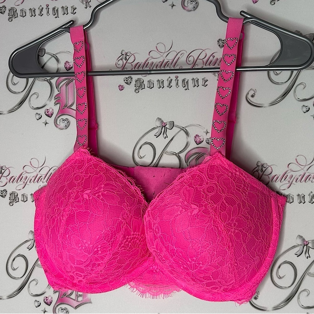 Victoria secret bra shine straps rhinestone bling hearts Pink Lace Underwire Bra